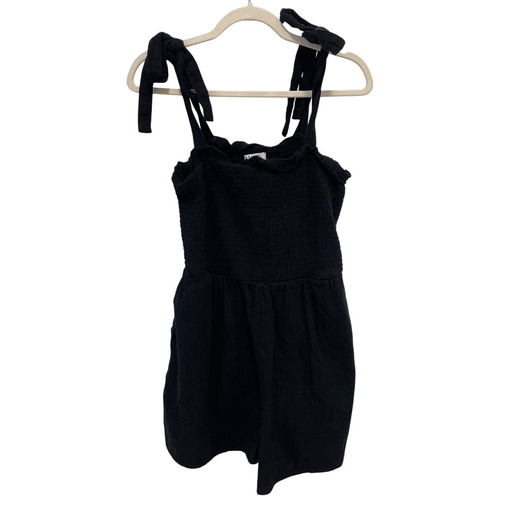 Old Navy Romper Size Small Smocked Ruffle Square Neck Tie Shoulder Black Summer - Picture 2 of 10